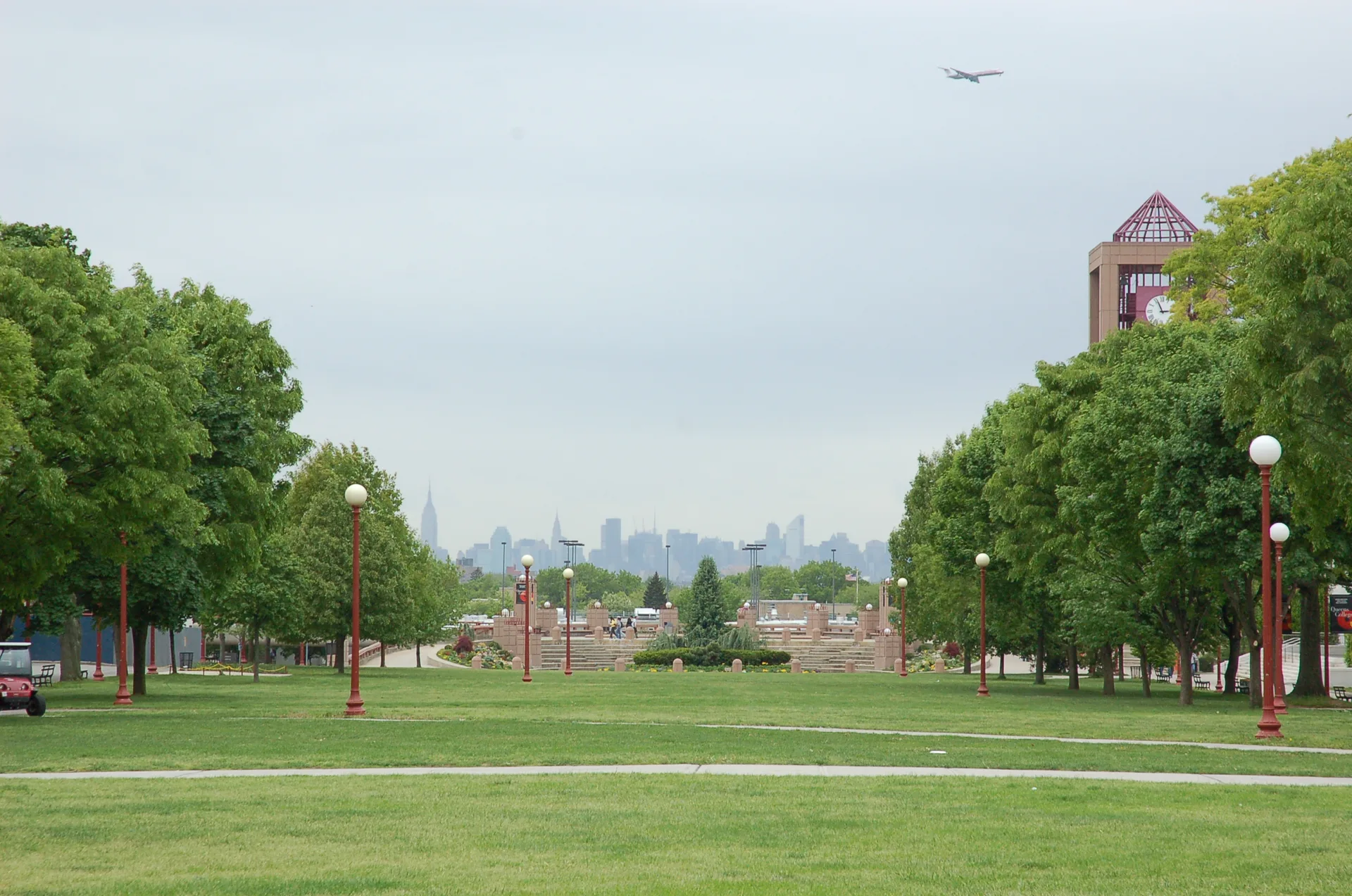 Queens College quad with the Manhattan skyline
